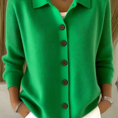 Bright green button-front knit cardigan with point collar and dark buttons, long sleeves