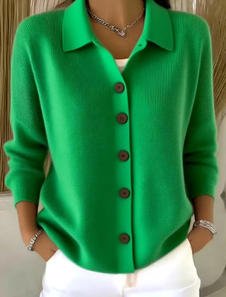 Bright green button-front knit cardigan with point collar and dark buttons, long sleeves