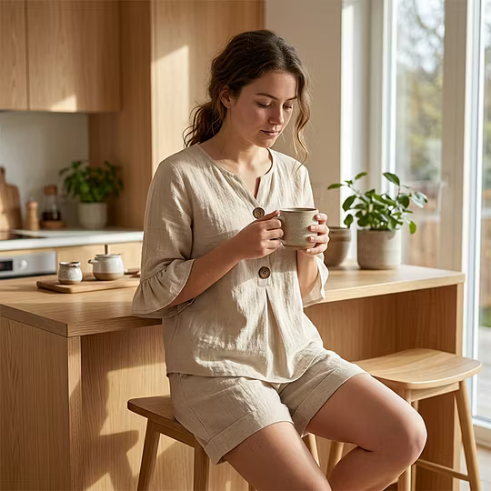 Light khaki linen-look Henley top and matching shorts, three-quarter sleeves