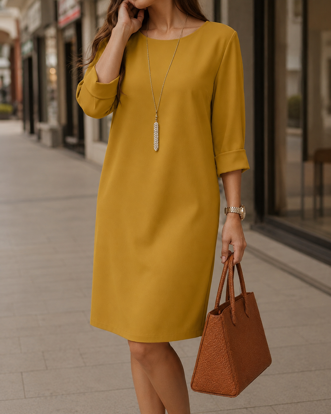 Mustard yellow midi dress with round neckline and 3/4 sleeves, relaxed fit