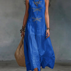Blue sleeveless maxi dress with dragonfly embroidery and tiered skirt