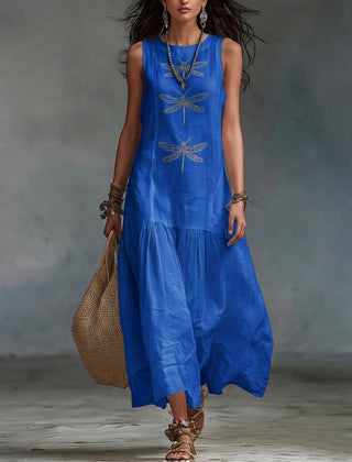 Blue sleeveless maxi dress with dragonfly embroidery and tiered skirt