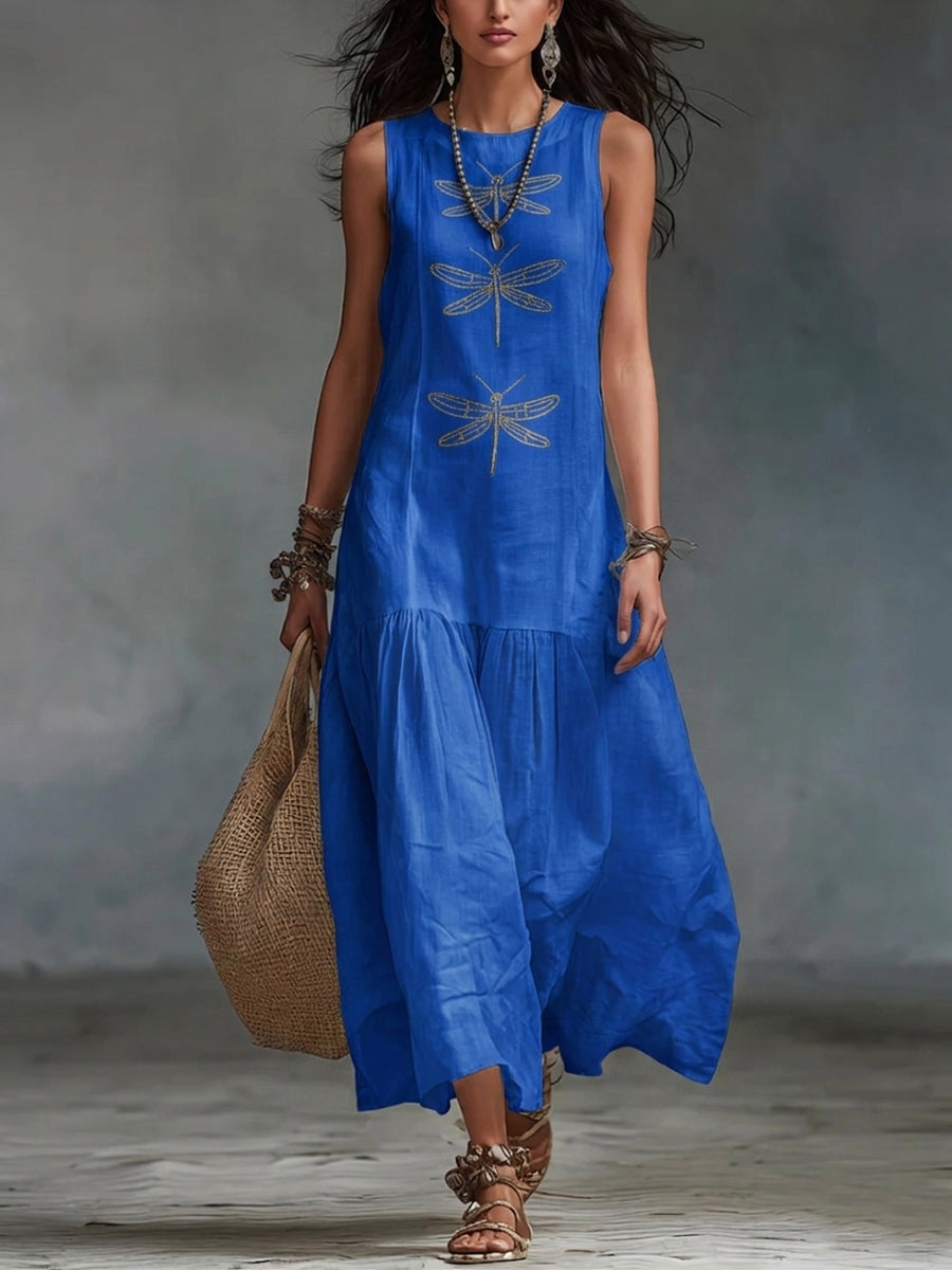 Blue sleeveless maxi dress with dragonfly embroidery and tiered skirt