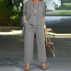 Grey 3-piece lounge set with long tunic, front pockets, and wide-leg pants