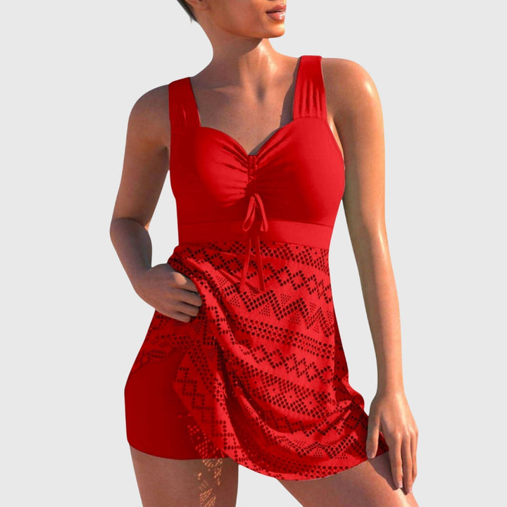 Red padded two-piece swimsuit with halter tie-front and patterned skirt overlay
