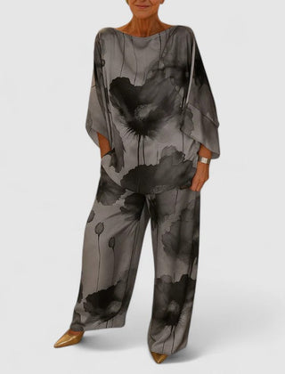 Two-piece set with loose pullover top and wide-leg pants, charcoal gray floral abstract print