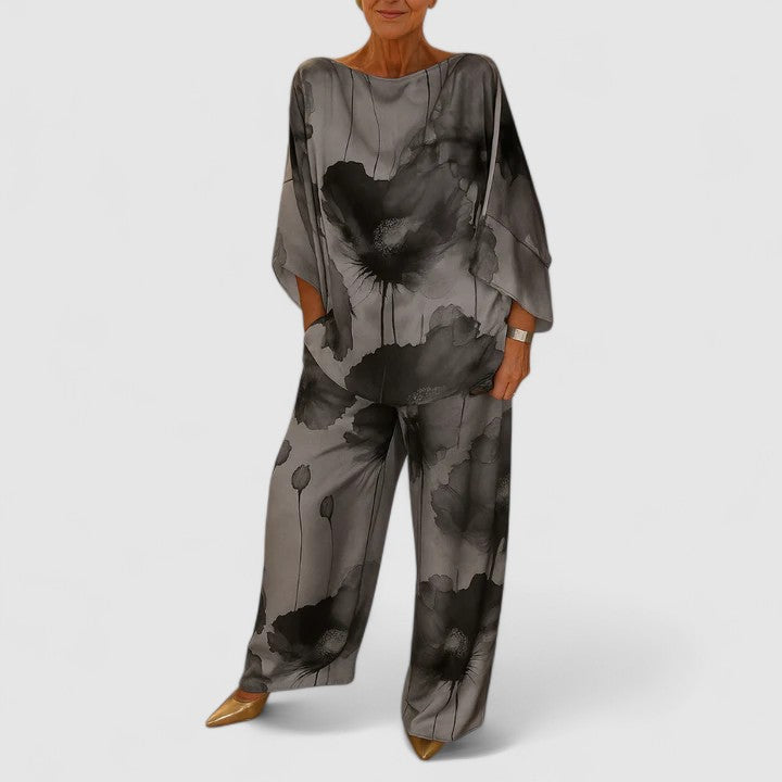 Two-piece set with loose pullover top and wide-leg pants, charcoal gray floral abstract print