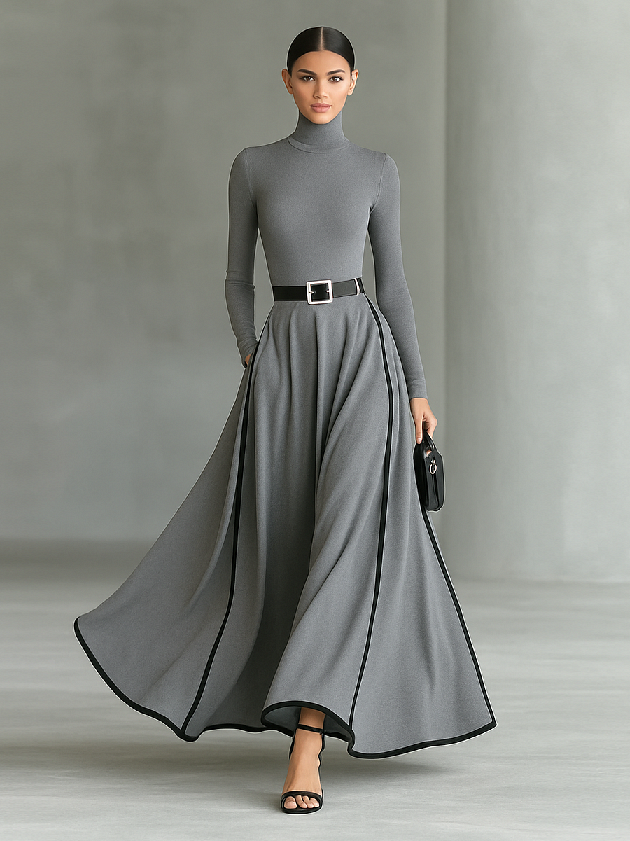 Gray long-sleeve maxi dress with white belt, gathered waist, full A-line skirt