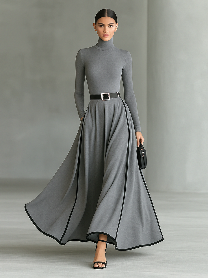 Gray long-sleeve maxi dress with white belt, gathered waist, full A-line skirt