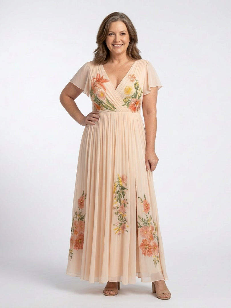 Peach pleated maxi dress with V-neck and floral embroidery; short capped sleeves