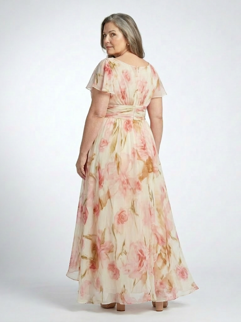 Pink floral maxi dress with wide back neckline, short flutter sleeves, cinched waist