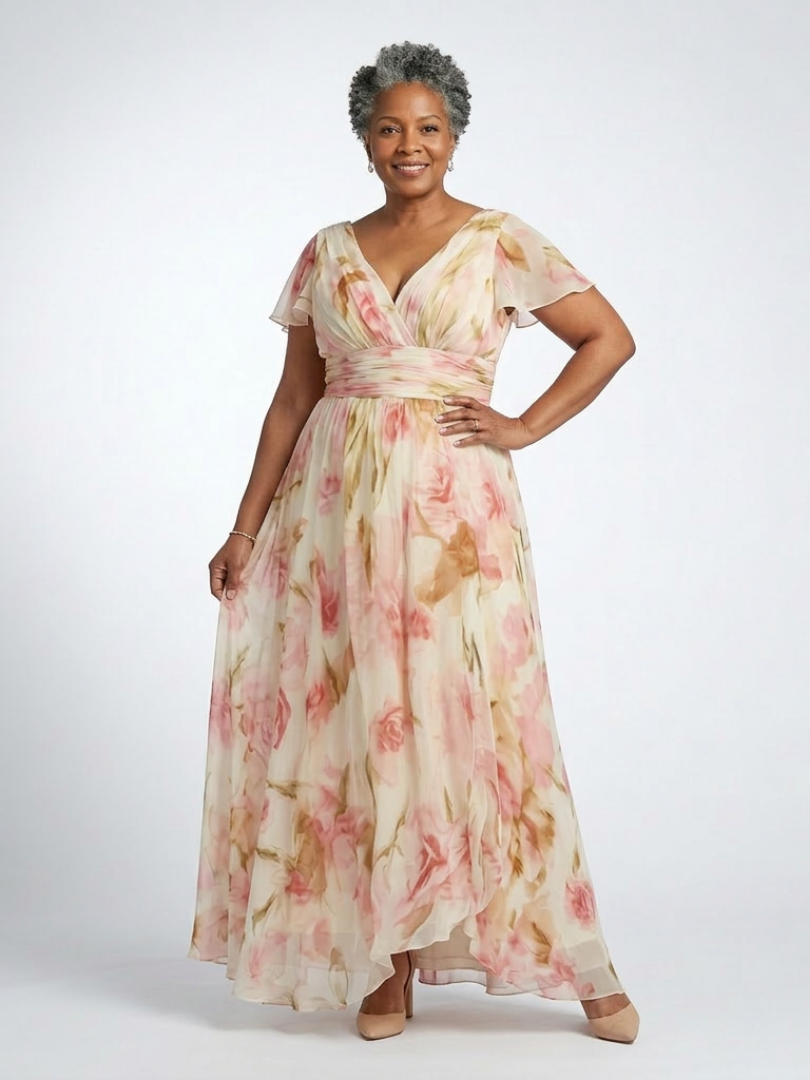 Pink floral maxi dress with V-neck front, short sleeves, and flowing tiered skirt