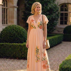 Peach floral maxi dress with V-neck and pleated skirt; short flutter sleeves