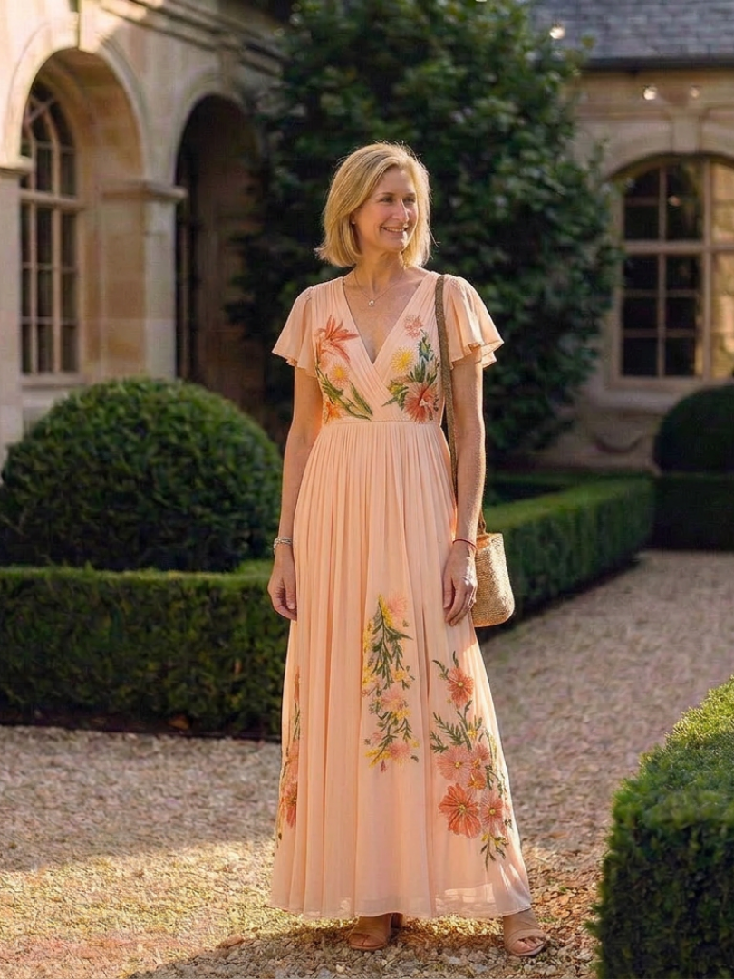 Peach floral maxi dress with V-neck and pleated skirt; short flutter sleeves