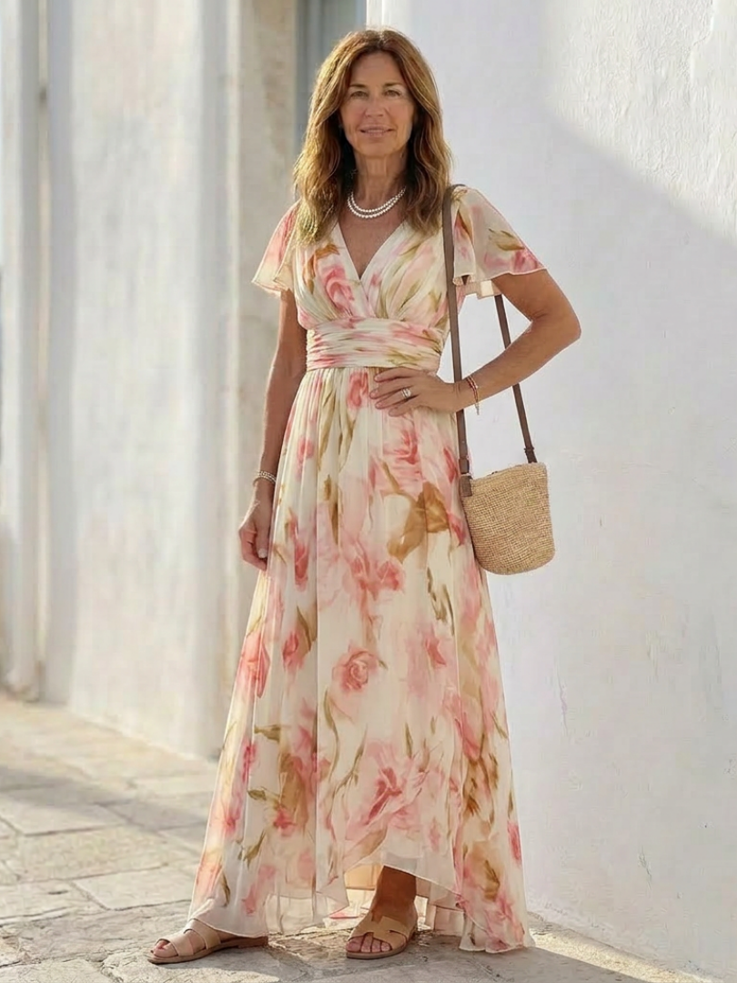 Pink floral V-neck maxi dress with wrap bodice, elastic waist, and soft chiffon-like drape