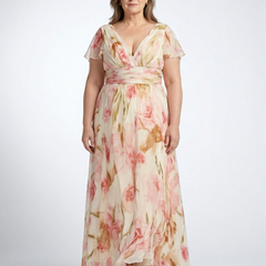 Pink floral V-neck short-sleeve maxi dress with wrap-style bodice and cinched waist