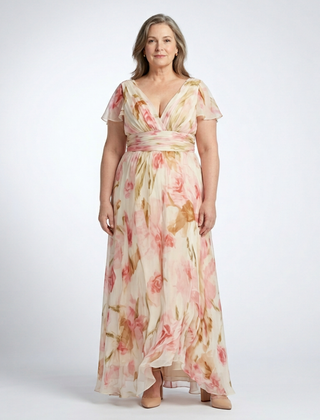 Pink floral V-neck short-sleeve maxi dress with wrap-style bodice and cinched waist