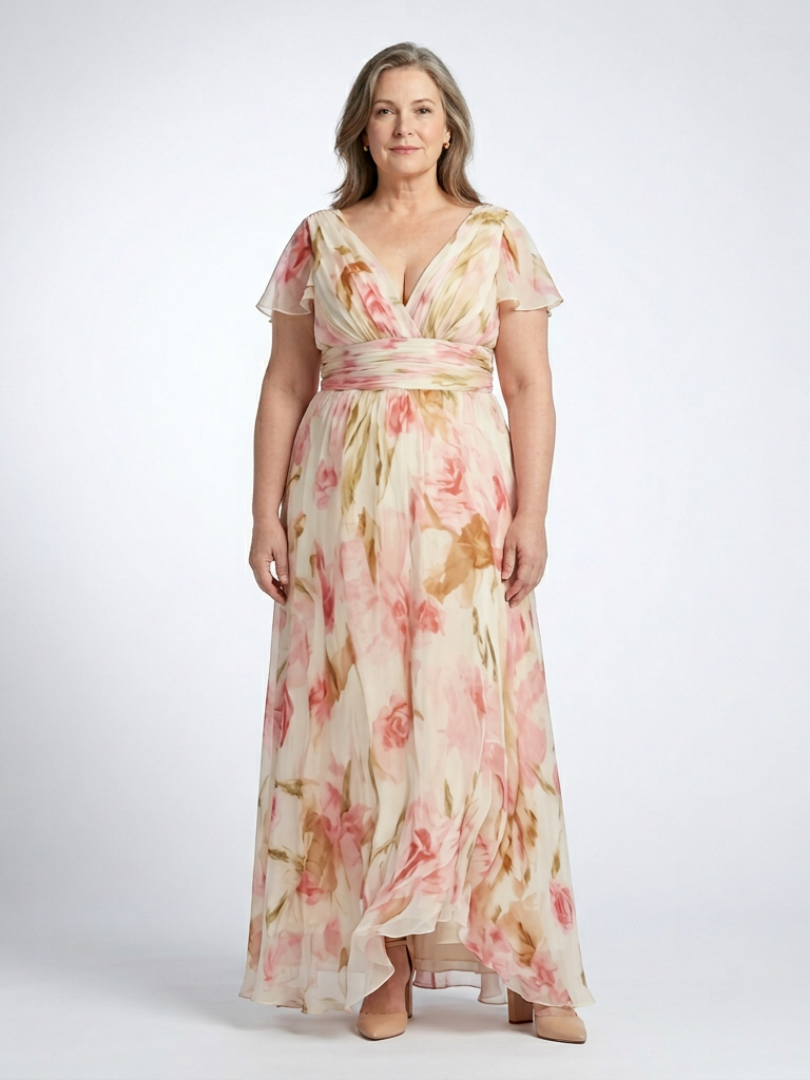 Pink floral V-neck short-sleeve maxi dress with wrap-style bodice and cinched waist