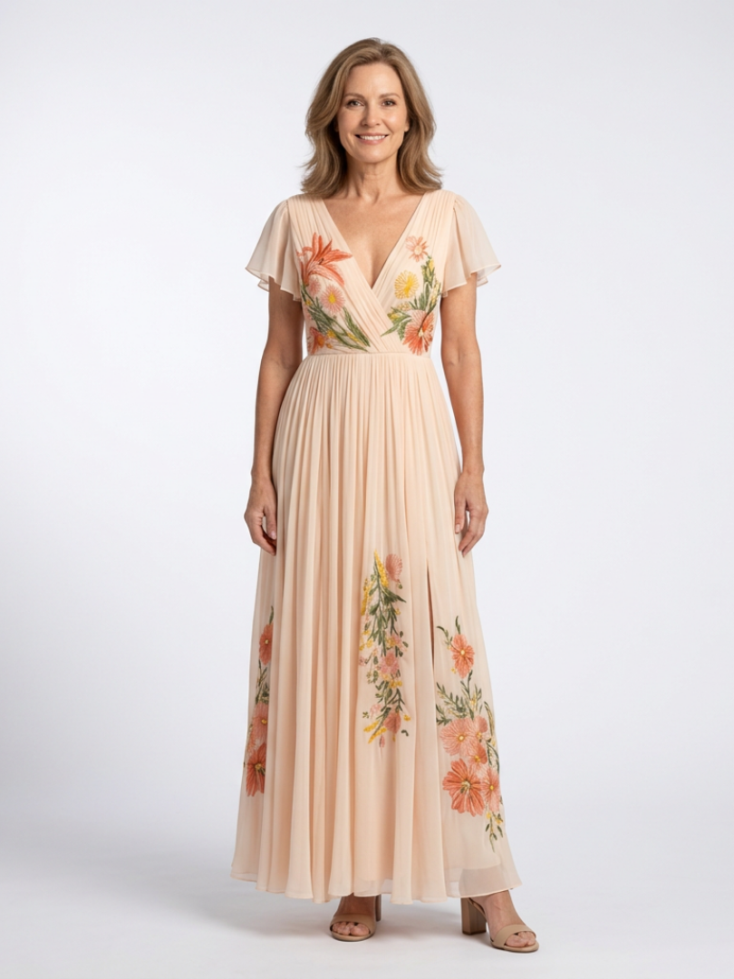 Peach maxi dress with V-neck, pleated waist, short sleeves, and floral embroidery