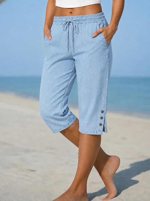 Delphia™ women's calf-length capri pants in light blue with drawstring waist and side buttons