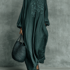 Teal embroidered maxi dress with high neck, loose fit, long balloon sleeves