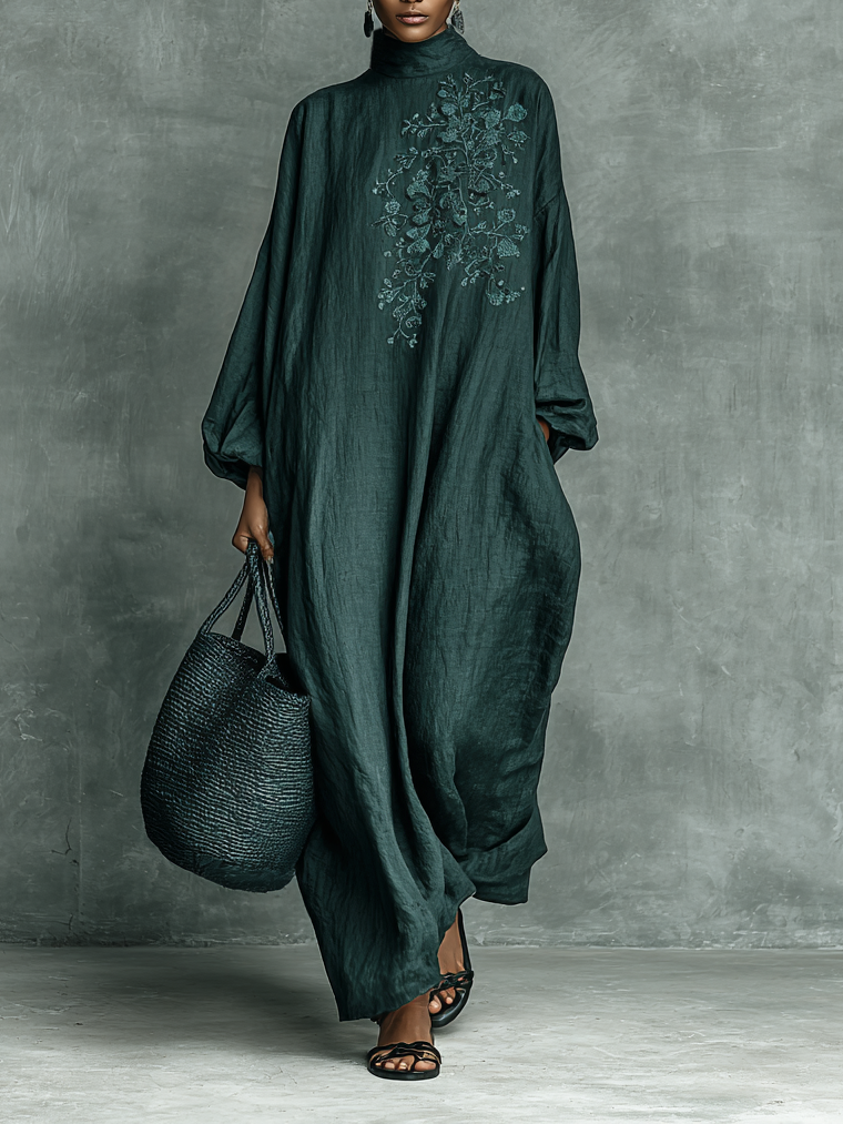 Teal embroidered maxi dress with high neck, loose fit, long balloon sleeves
