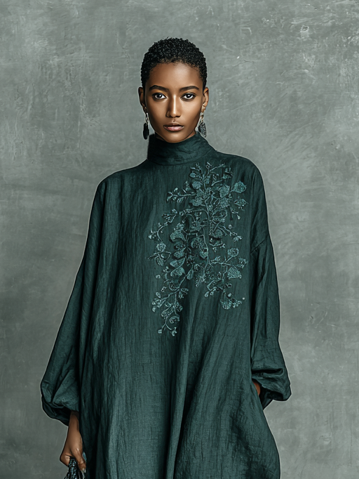 Teal maxi dress with high collar and detailed floral embroidery on chest