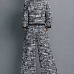 Black-and-white tweed blazer and wide-leg pants set, back view