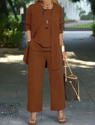 Brown 3-piece lounge set with long tunic, front pockets, and wide-leg pants