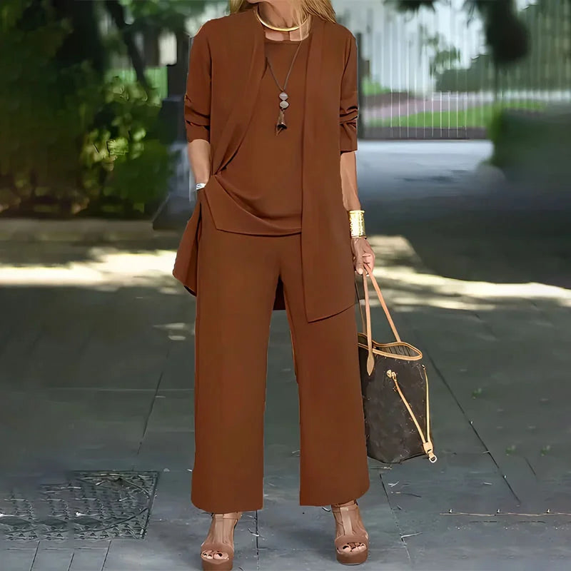 Brown 3-piece lounge set with long tunic, front pockets, and wide-leg pants