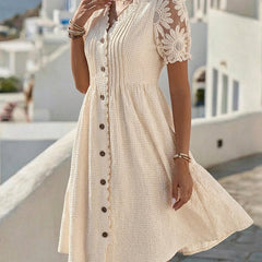 Beige balloon-sleeve midi dress with scalloped lace trim and button front