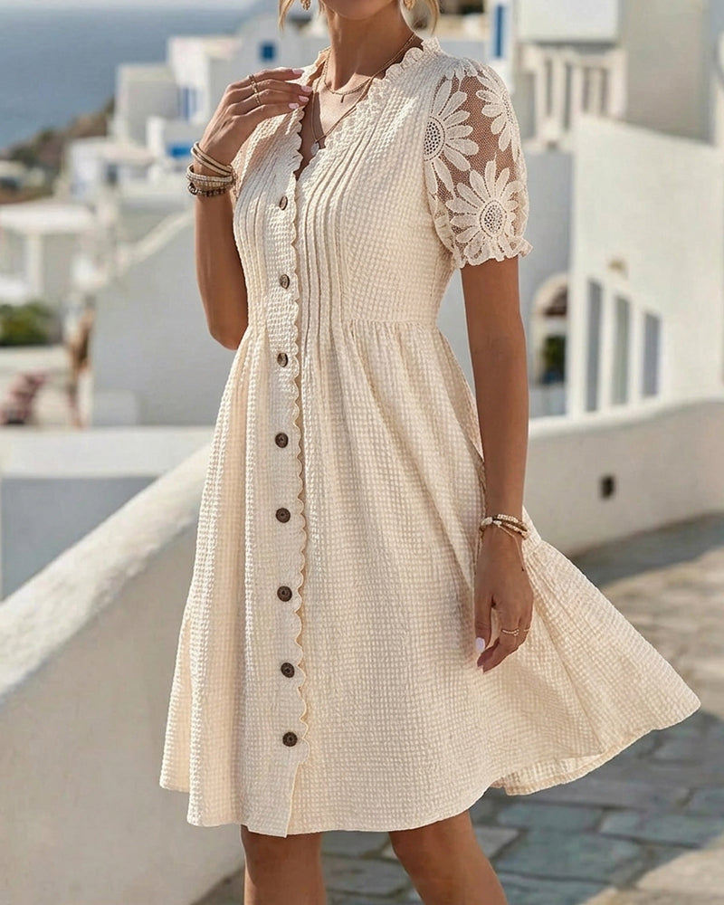 Beige balloon-sleeve midi dress with scalloped lace trim and button front