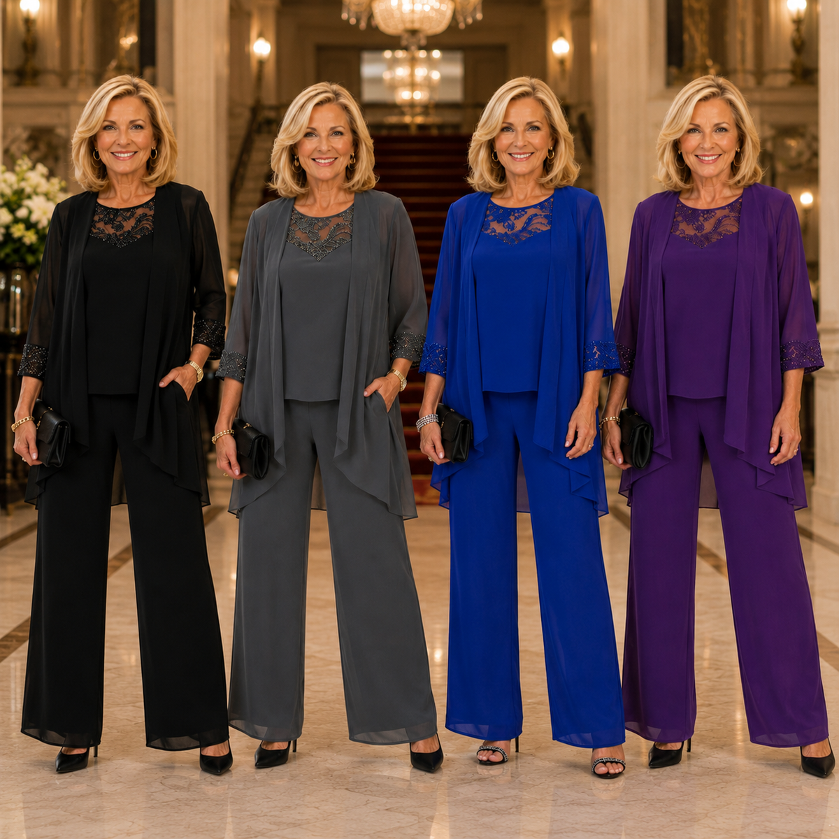 Women's three-piece sets in four colors—black, gray, blue, and purple—with pants
