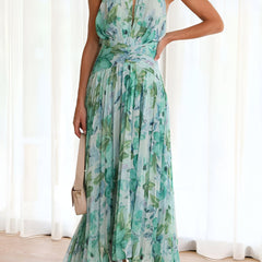 Floral halter midi dress in aqua and teal floral print with gathered waist