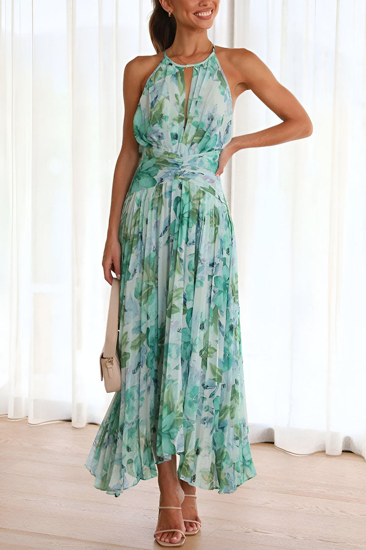 Floral halter midi dress in aqua and teal floral print with gathered waist