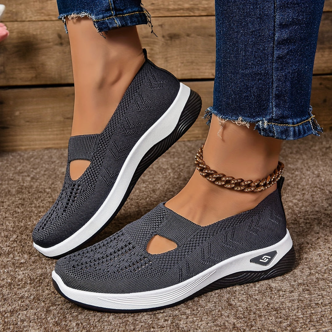 Odelia™ non-slip orthopedic shoes in dark gray/black knit, slip-on style with cutout