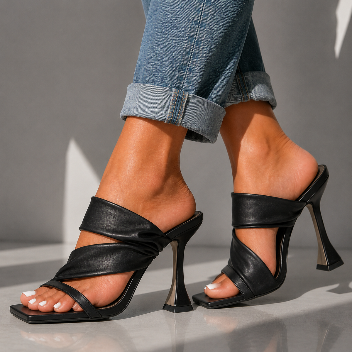 Classic black heeled sandals with open toe and wide strap across the foot