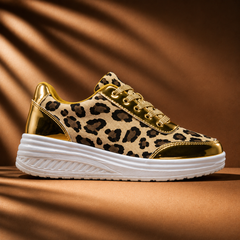 Leopard print platform sneaker with gold lace-up and glossy metallic heel, white sole