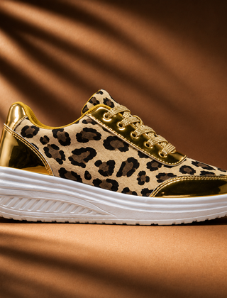 Leopard print platform sneaker with gold lace-up and glossy metallic heel, white sole