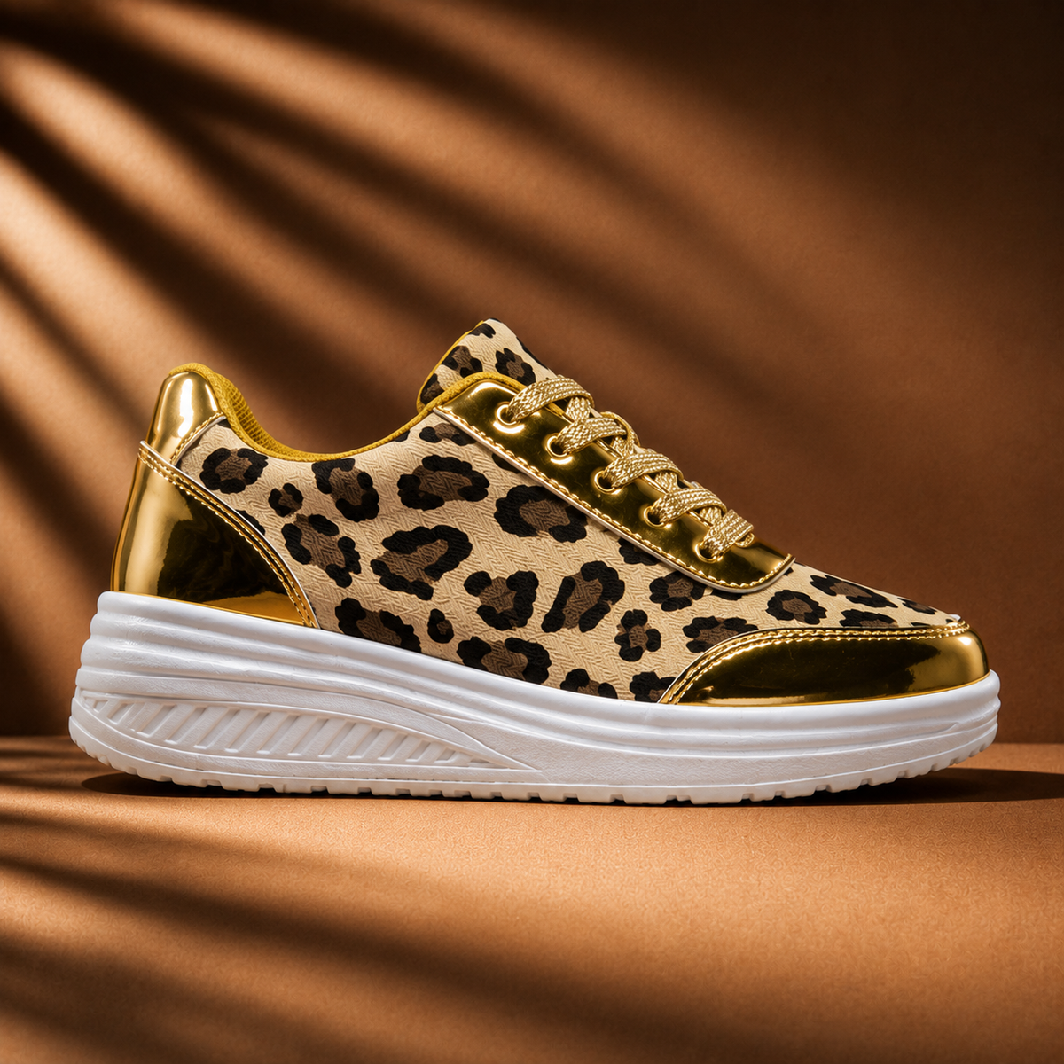 Leopard print platform sneaker with gold lace-up and glossy metallic heel, white sole