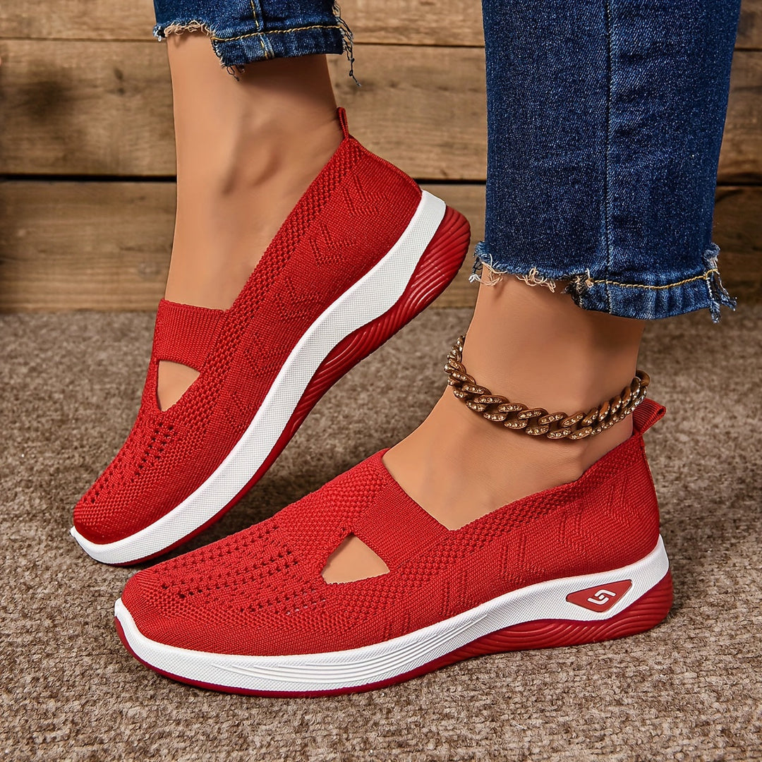Odelia™ non-slip orthopedic shoes in red knit, slip-on style with side cutouts