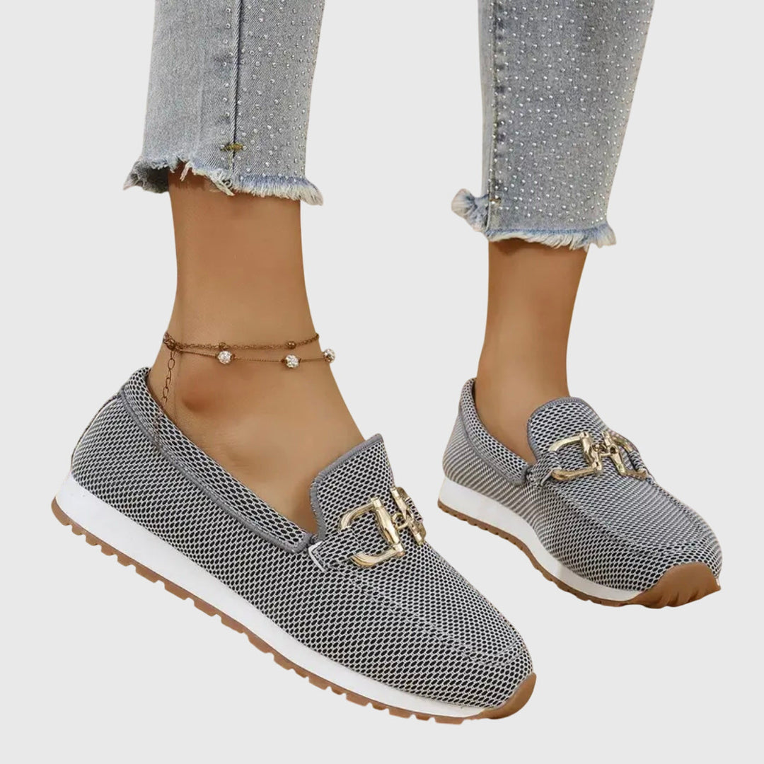 Gray mesh orthopedic loafers with gold buckle ornament and cushioned sole
