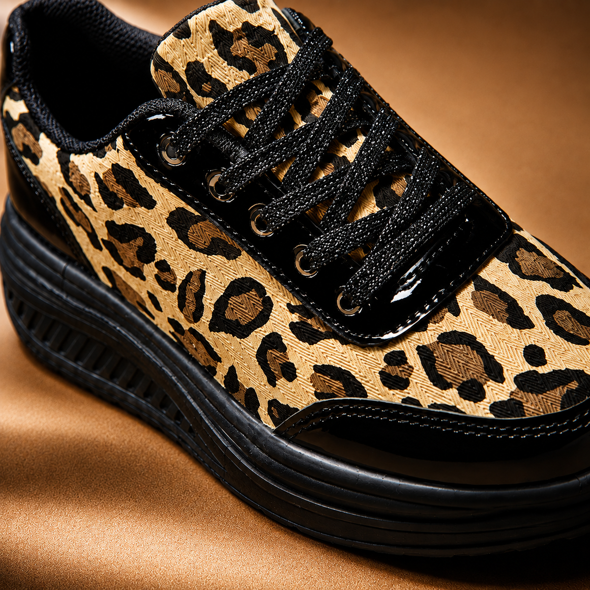 Leopard print platform sneaker close-up with black laces and gold-pattern detailing