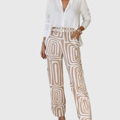 Emilia™ pants set: white blouse, khaki geometric pants, studded belt