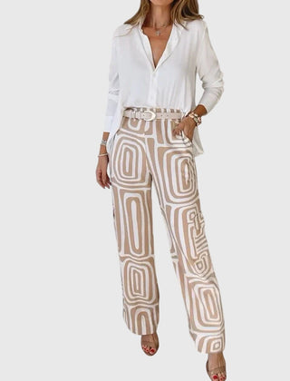 Emilia™ pants set: white blouse, khaki geometric pants, studded belt