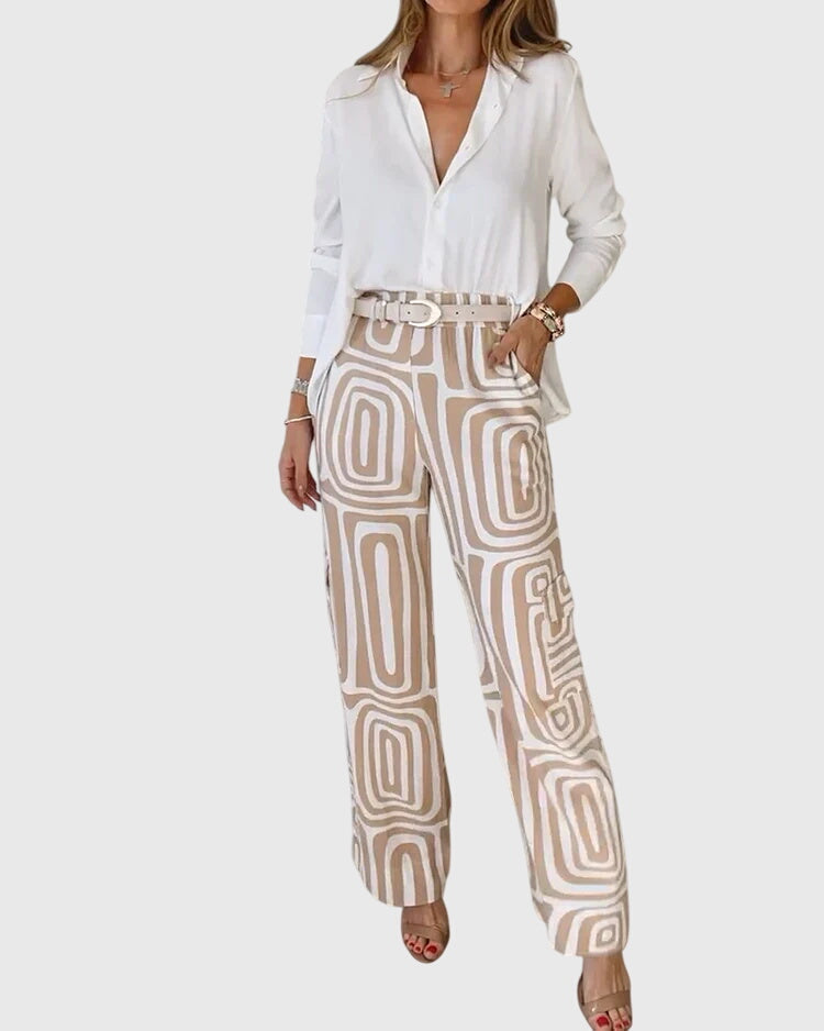 Emilia™ pants set: white blouse, khaki geometric pants, studded belt