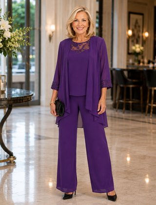 Women's purple three-piece set: layered top and jacket with wide-leg pants