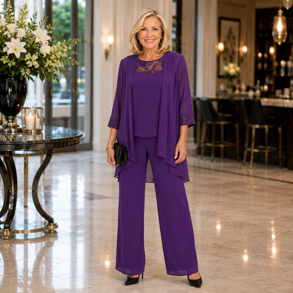 Women's purple three-piece set: layered top and jacket with wide-leg pants