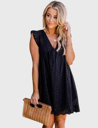 Black sleeveless V-neck 2-in-1 summer dress with eyelet texture and scalloped hem