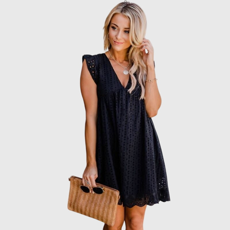 Black sleeveless V-neck 2-in-1 summer dress with eyelet texture and scalloped hem